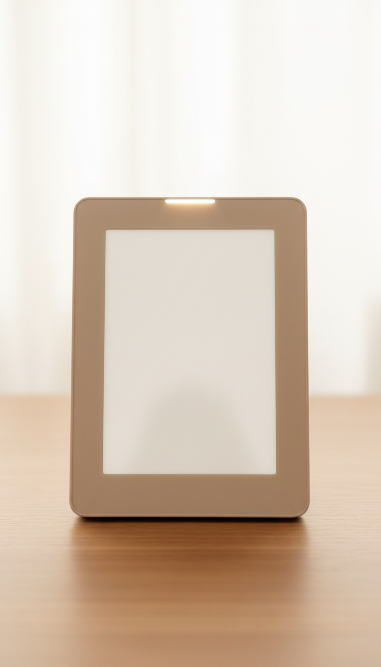 AI digital photo frame in warm taupe finish