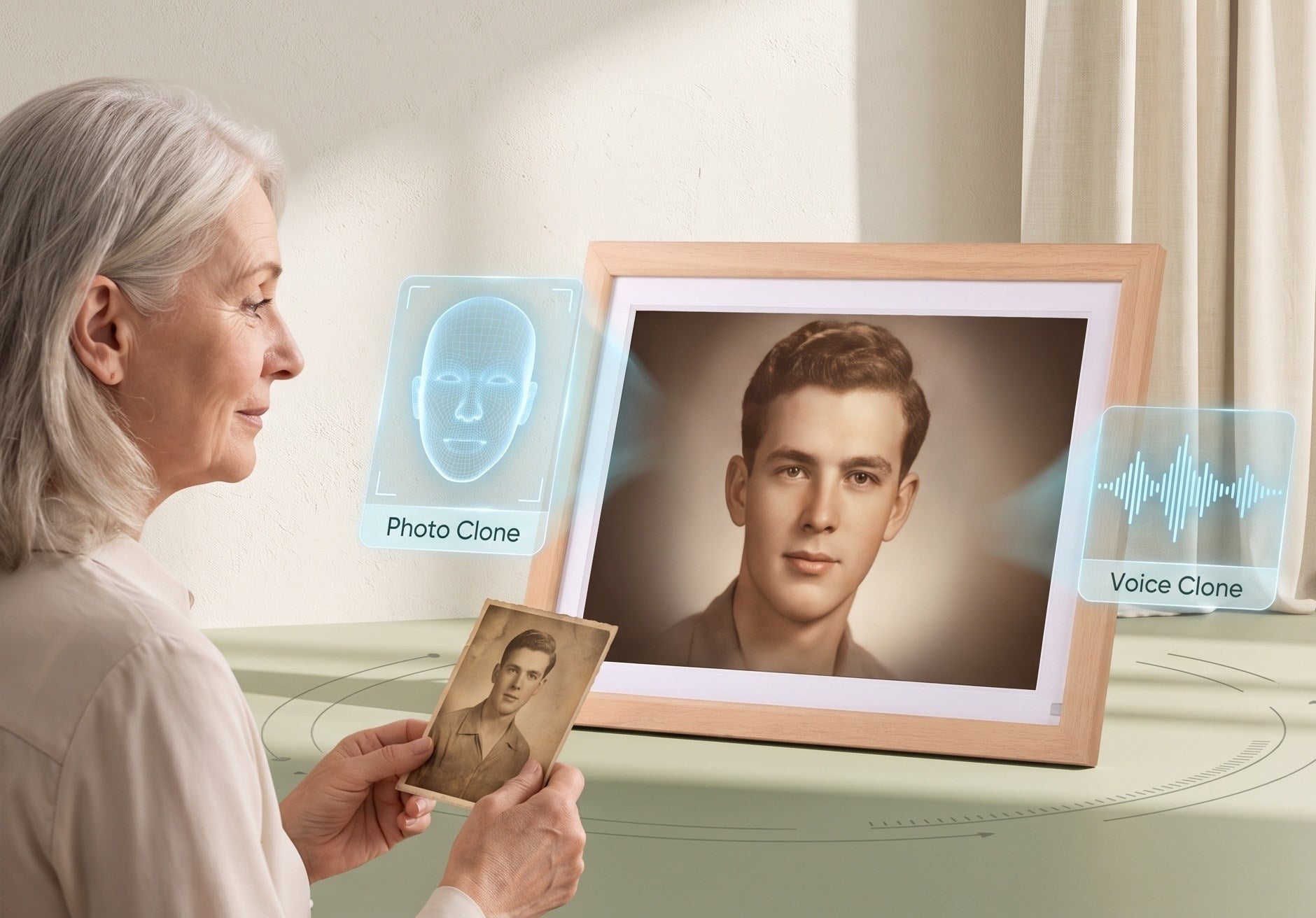 An older adult using a treasured photo to create a familiar AI companion