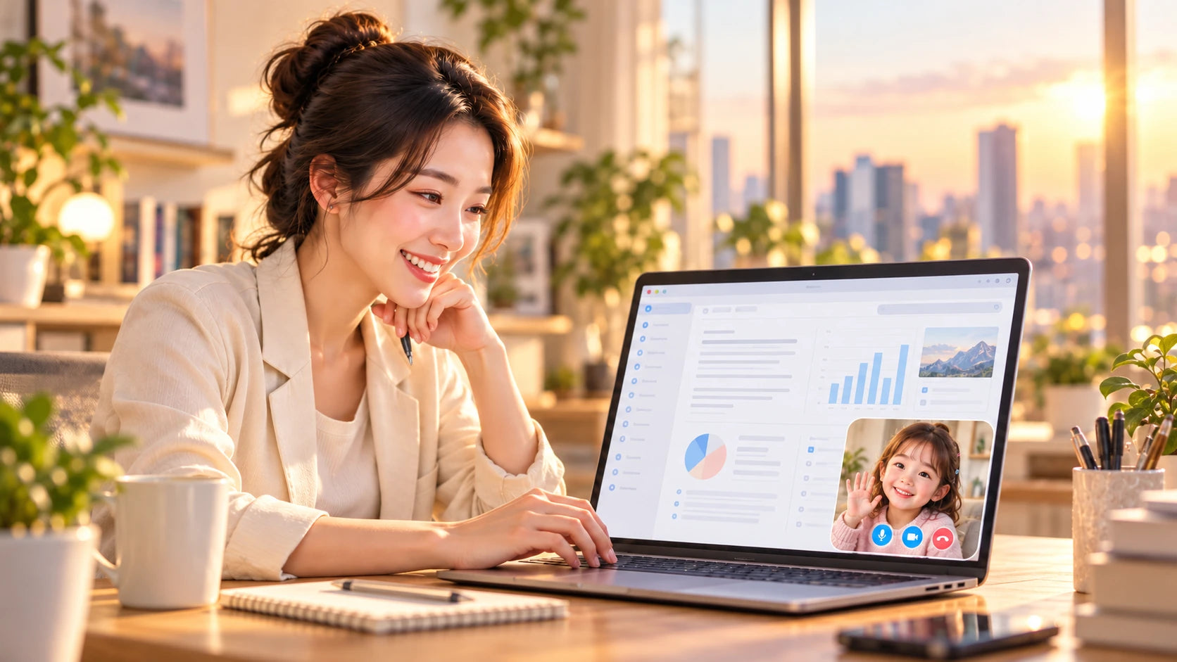 A laptop with a child companion in the lower-right corner reminding you to finish work